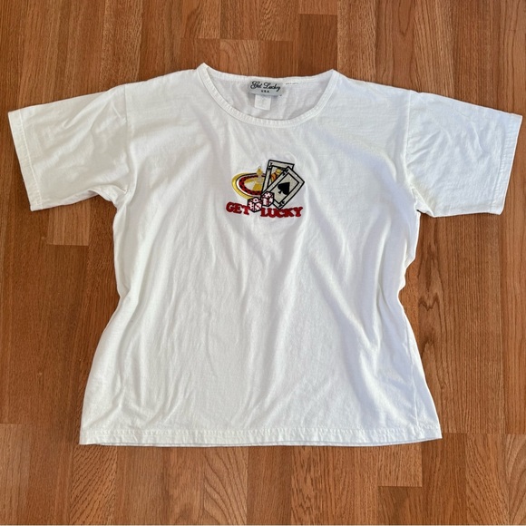 Lucky Brand Tops - VINTAGE 90s "Get Lucky" Las Vegas Casino Gambling White Embroidered T-shirt